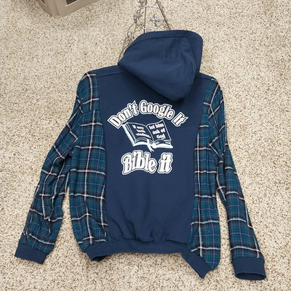 3228 Size XL Gildan Got Questions Upcycled Hoodie, In Blue, Purple and White. - Picture 4 of 8